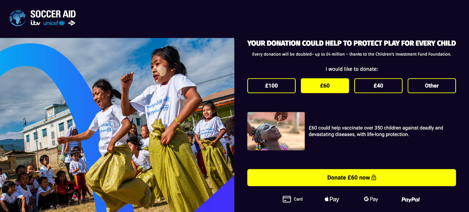 Soccer Aid Online Payment Portal built by Fonix 